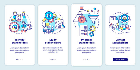 Steps of stakeholder relations onboarding mobile app screen. Walkthrough 4 steps graphic instructions pages with linear concepts. UI, UX, GUI template. Myriad Pro-Bold, Regular fonts used