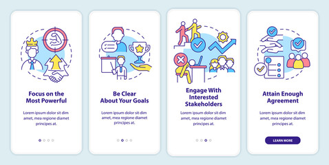 Stakeholders engagement onboarding mobile app screen. Walkthrough 4 steps graphic instructions pages with linear concepts. UI, UX, GUI template. Myriad Pro-Bold, Regular fonts used