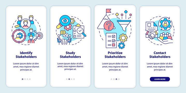 Steps Of Stakeholder Relations Onboarding Mobile App Screen. Walkthrough 4 Steps Graphic Instructions Pages With Linear Concepts. UI, UX, GUI Template. Myriad Pro-Bold, Regular Fonts Used