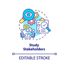 Study stakeholders concept icon. Examine investors. Step of stakeholder relations abstract idea thin line illustration. Isolated outline drawing. Editable stroke. Arial, Myriad Pro-Bold fonts used