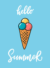 summer lettering quote 'Hello summer' decorated with ice cream doodle. Good for posters, prints, cards, invitations, banners, etc. EPS 10