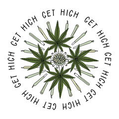Cannabis t shirt design. Marijuana t shirt vector. Get high.