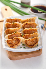 Pan-fried gyoza dumpling jiaozi in a plate with soy sauce on white table background.