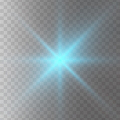 Blue glowing light star on a black background. Transparent shining sun, star explodes and bright flash. Blue bright illustration starburst. 