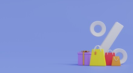 3D Shopping bag with discount. Online shopping concept.Cartoon with gift promotion.3d rendering illustration
