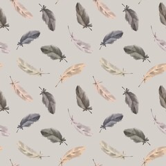 seamless pattern with cute bird feathers. easter hand drawn illustration design on beige background. tender romantic digital illustration for fabric print, wrapping paper, wallpaper and textile