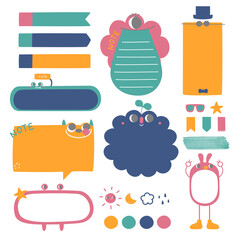 set of cute doodle text box planner with icon sticker, speech bubble balloon, flat design, vector, illustration