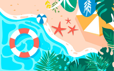 Fototapeta premium Summer seaside beach with various plants in the foreground vector illustration