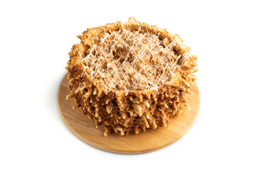 Traditional lithuanian cake shakotis isolated on white, side view, close up.