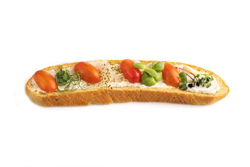 Long white bread sandwich with cream cheese, tomatoes and microgreen isolated on white. side view.