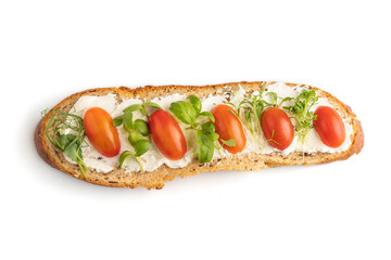 Long white bread sandwich with cream cheese, tomatoes and microgreen isolated on white. top view.