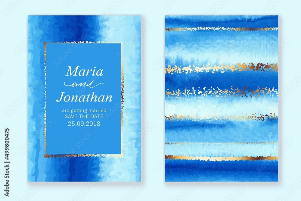 Wall mural set of wedding cards, invitation. save the date sea style design. blue watercolor wash, golden lines - Wall murals
