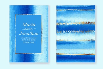 Set of wedding cards, invitation. Save the date sea style design. Blue watercolor wash, golden lines, splatters.  Summer background.