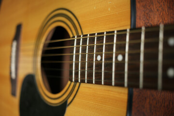 Metallic strings of acoustic guitar.