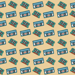 Retro pattern. VHS video and audio tapes. 90s style doodles seamless background. Trendy vector pattern. Doodle illustration for vintage designs.
