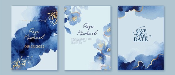 Set of elegant, romantic wedding crds, covers, invitations with shades of blue flowers.  Golden lines, splatters. Watercolor blossoms, abstract wash background. Spring, summer garden.
