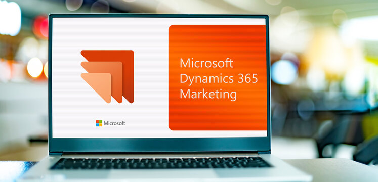 Computer displaying logo of Microsoft Dynamics 365 Marketing