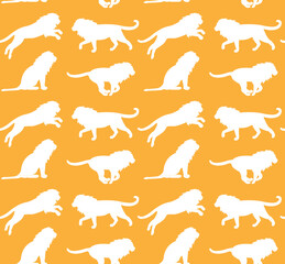 Vector seamless pattern of lions silhouette isolated on yellow background