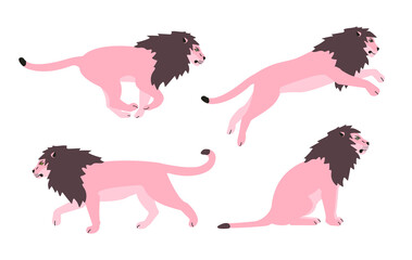 Vector set of flat hand drawn pink lions isolated on white background