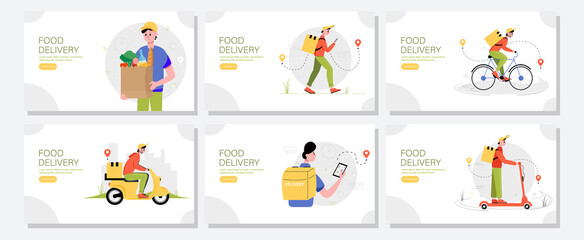 Food delivery web banners set. The concept of fast and free delivery. Vector illustration in cartoon style.