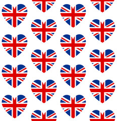 Vector seamless pattern of flat heart shaped Great Britain flag isolated on white background