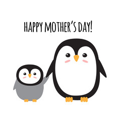 Fototapeta premium Vector hand drawn flat penguin baby and happy Mother’s Day lettering isolated on white background