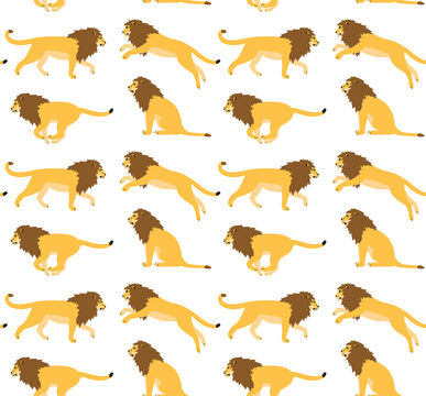 Vector seamless pattern of flat hand drawn lions isolated on white background