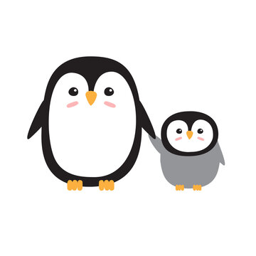 Vector hand drawn flat penguin baby and mom isolated on white background