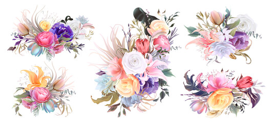 Tropical floral art, Wedding invitation frame set; flowers, leaves, watercolor. Sketched wreath, floral and herbs garland with green, palm leaves. Handdrawn Vector Watercolour style, nature art.