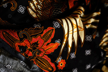 Close-up of Indonesian floral batik cloth texture. Background