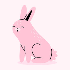 Cute pink rabbit. Farm animals, pets, forest animals. Wild hare, easter bunny. Cartoon vector illustration isolated on white background