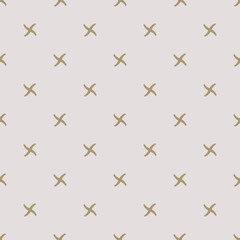 Vector golden minimalist seamless pattern with small crosses or tiny stars. Simple gold minimal geometric texture. Repeat wide design for decor, wallpapers, fabric and textile.