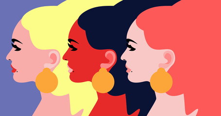 Three women. Abstract female portraits, side view. Vector illustration