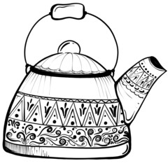 Нand drawn illustrations, tea kettle set with lavender and lemon.Kettle lemon print, black and white