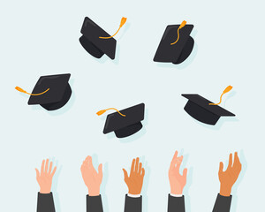 Students throw graduation caps in the air. Vector illustration. - obrazy, fototapety, plakaty