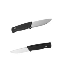 Modern hunting knife with silver blade and rubber handle. Steel arms. Isolate on a white back