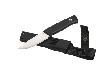 Obraz na płótnie Canvas Modern hunting knife with silver blade and rubber handle. Steel arms. Isolate on a white back