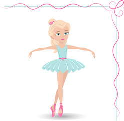 Cute girl ballerina in a blue dress, vector illustration on a white background.