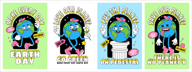 Save the planet in trendy retro cartoon style. Set of Earth Day posters. World Environment Day cards.