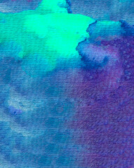Hand drawn watercolor background. Gradient from blue to purple to blue.