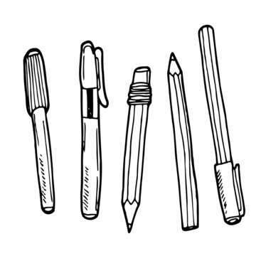 art materials, line drawing set of pens and pencils, hand drawn vector illustration