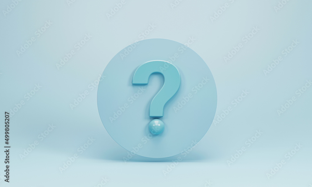 Poster 3d rendering, 3d illustration. speech bubble with question marks icon on blue pastel background. faq