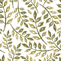Hand drawn seamless pattern of green leaves with branches on a white background. Decorative watercolor floral illustration for greeting card, invitation, wallpaper, wrapping paper, fabric, packaging