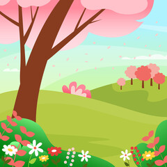 Spring morning landscape in bloom. Vector illustration in flat style.
