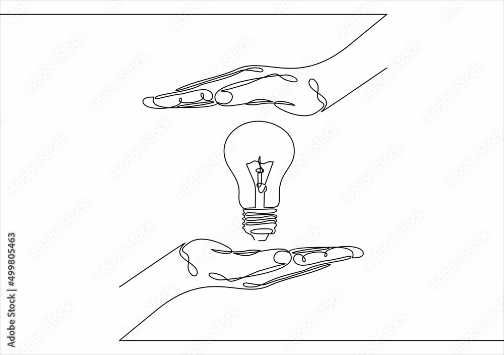 Aufkleber new idea or concept - vector modern line design illustrative icon. two hands showing a light bulb as