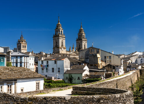 view of the Lugo cathedral and Roman city walls and ramparts