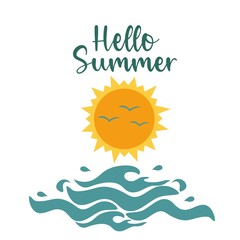 Hand drawn Hello Summer with doodle yellow sun, turquoise sea and blue clouds. Bright vector illustration. White background.