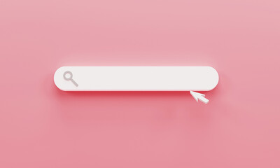3d render 3d illustration. Minimal search bar element with arrow cursor on light pink background. Searching for website, cartoon style concept.