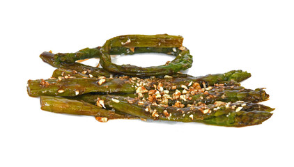Food for gourmets. Baked asparagus with pine nuts