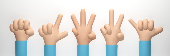 3D rendering, 3D illustration. Hand shows different gestures isolated on white background. simple hands cartoon style